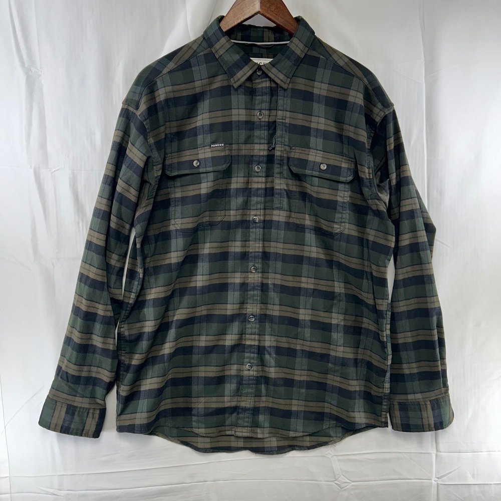 Poncho Outdoors Shirt Mens L Green Plaid Magnetic Pockets Performance